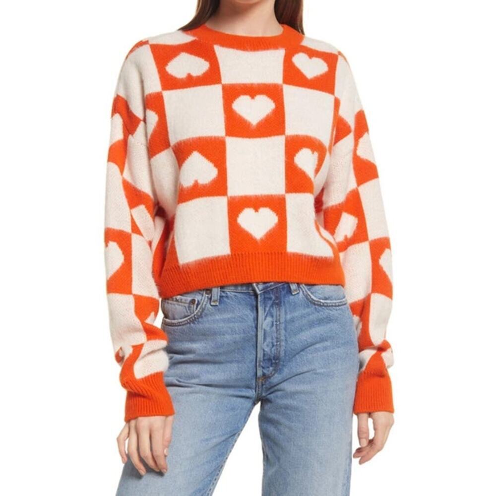 Topshop Womens Heart Check Crop Sweater Orange Cream Valentine's Day Novelty 4 6
